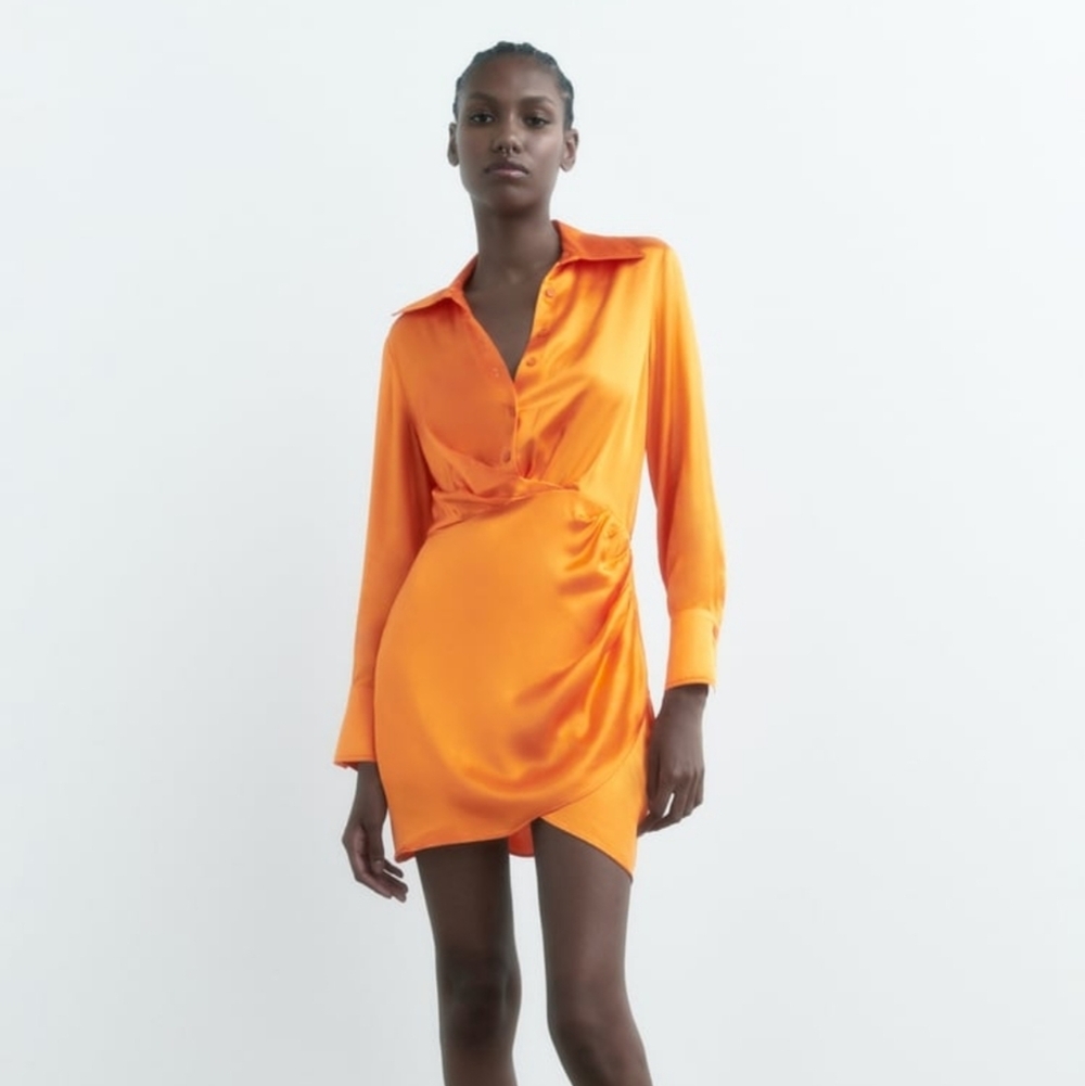Zara Women's Short Satin Dress in Orange Size Medium NEW Ruched Party *Flaws